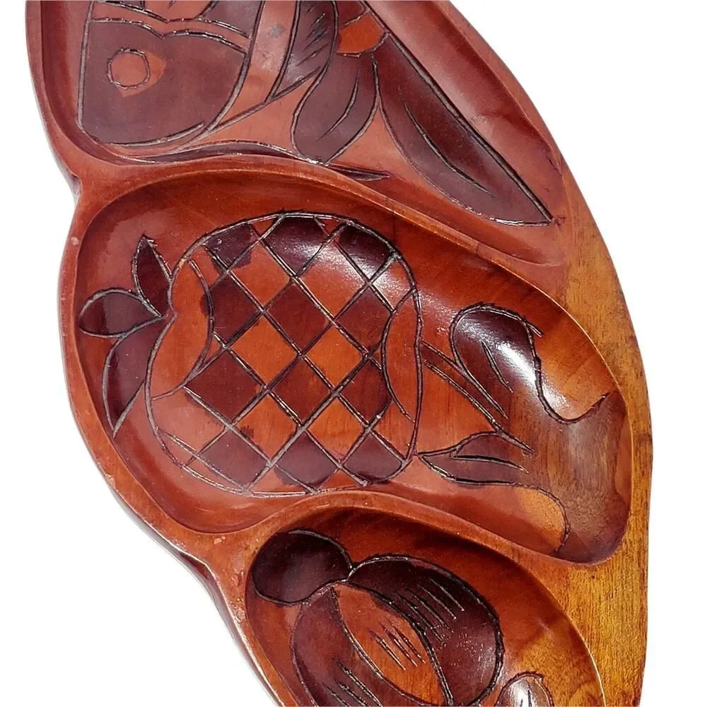 VINTAGE HAITI HAND CARVED WOOD TRAY FISH APPLE‎ TROPICAL LEAF 2 SIDED CARVING